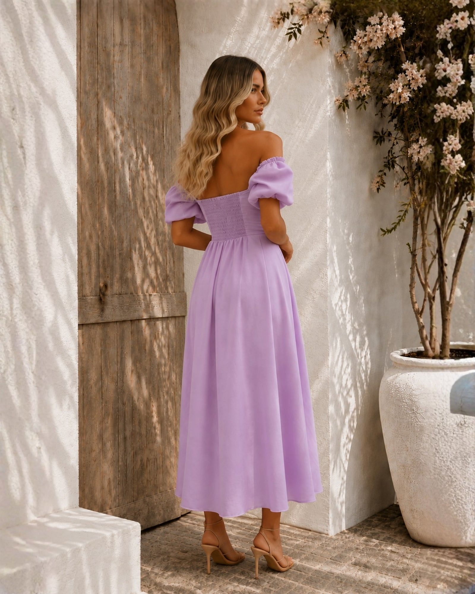 Women's lilac off shoulder pleated midi dress, the Anvika Dress in Lilac by Esther & Co