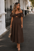 Women's chocolate off shoulder pleated midi dress, the Anvika Dress in Chocolate by Esther & Co