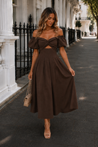Women's chocolate off shoulder pleated midi dress, the Anvika Dress in Chocolate by Esther & Co