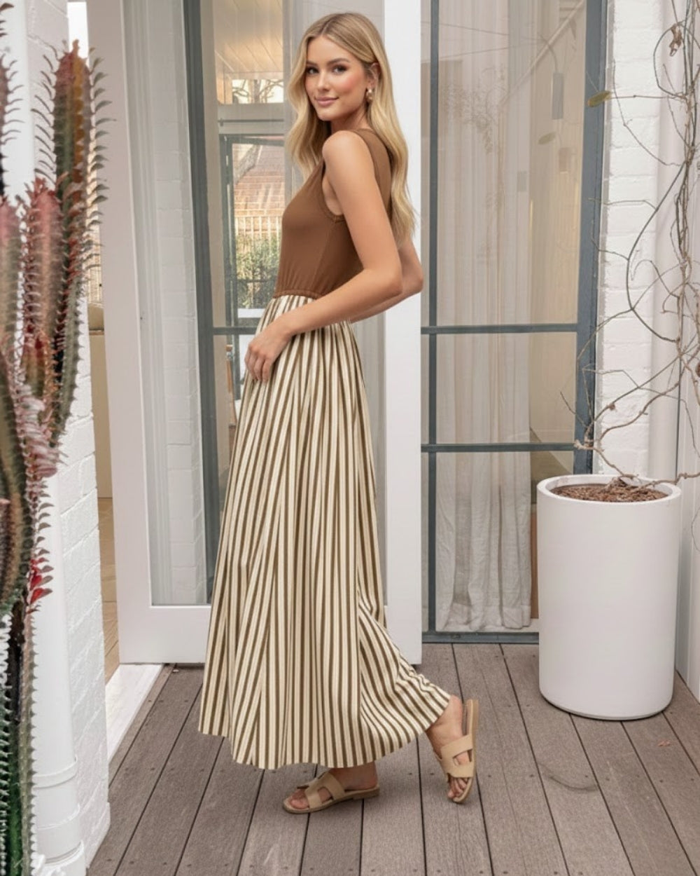 Women's toffee stripe maxi dress, the Ariala Toffee Stripe Dress by Esther & Co