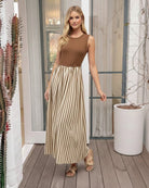 Women's toffee and cream striped maxi dress front view by Esther & Co
