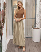 Women's toffee stripe maxi dress styled outfit by Esther & Co