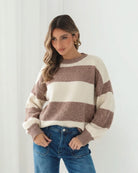 Arliss Knit in Ivory Stripe womens striped knit jumper in ivory and cocoa front view