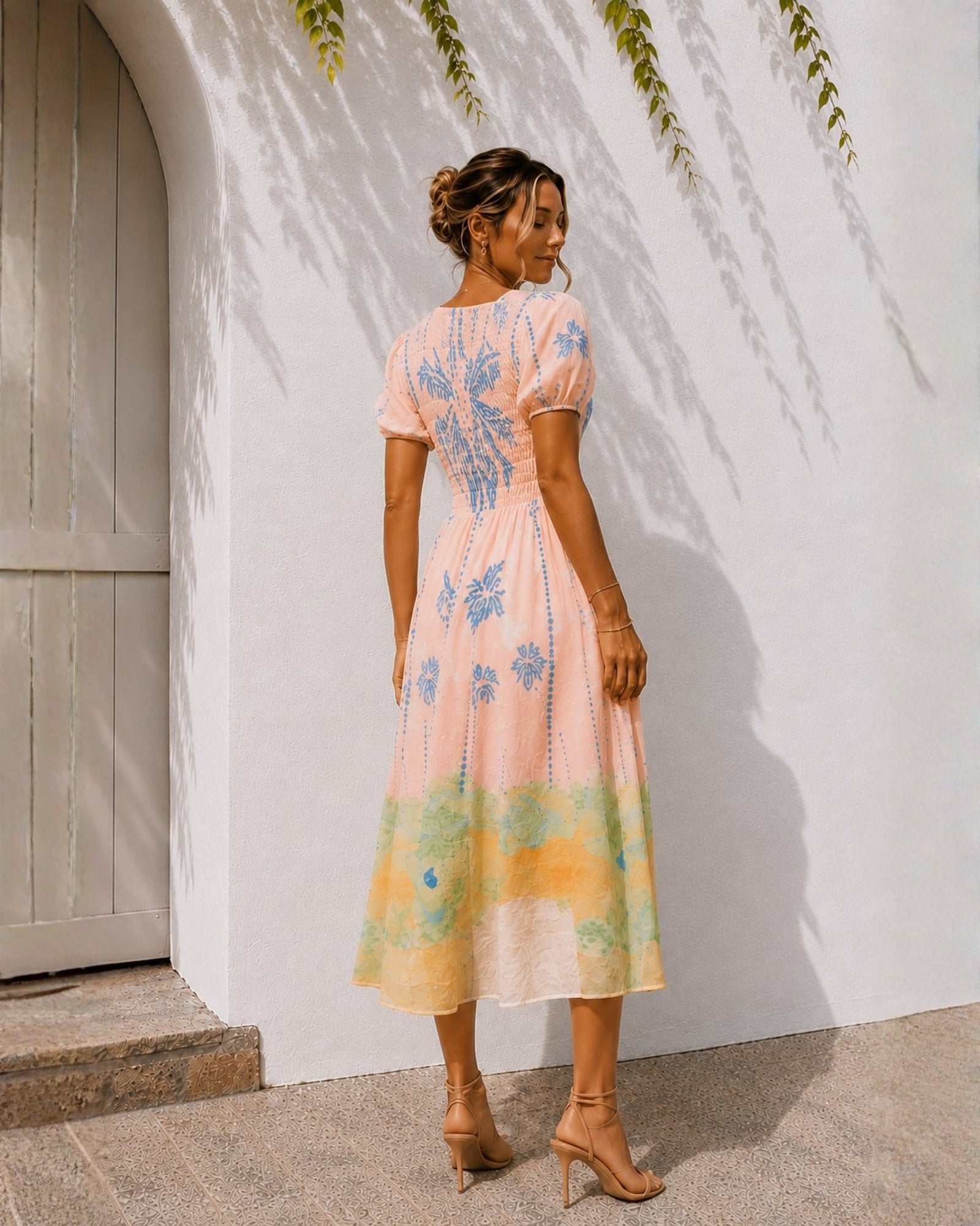 Women's pastel pink round neck embroidered midi dress, the Aseana Dress in Island Dream by Esther & Co