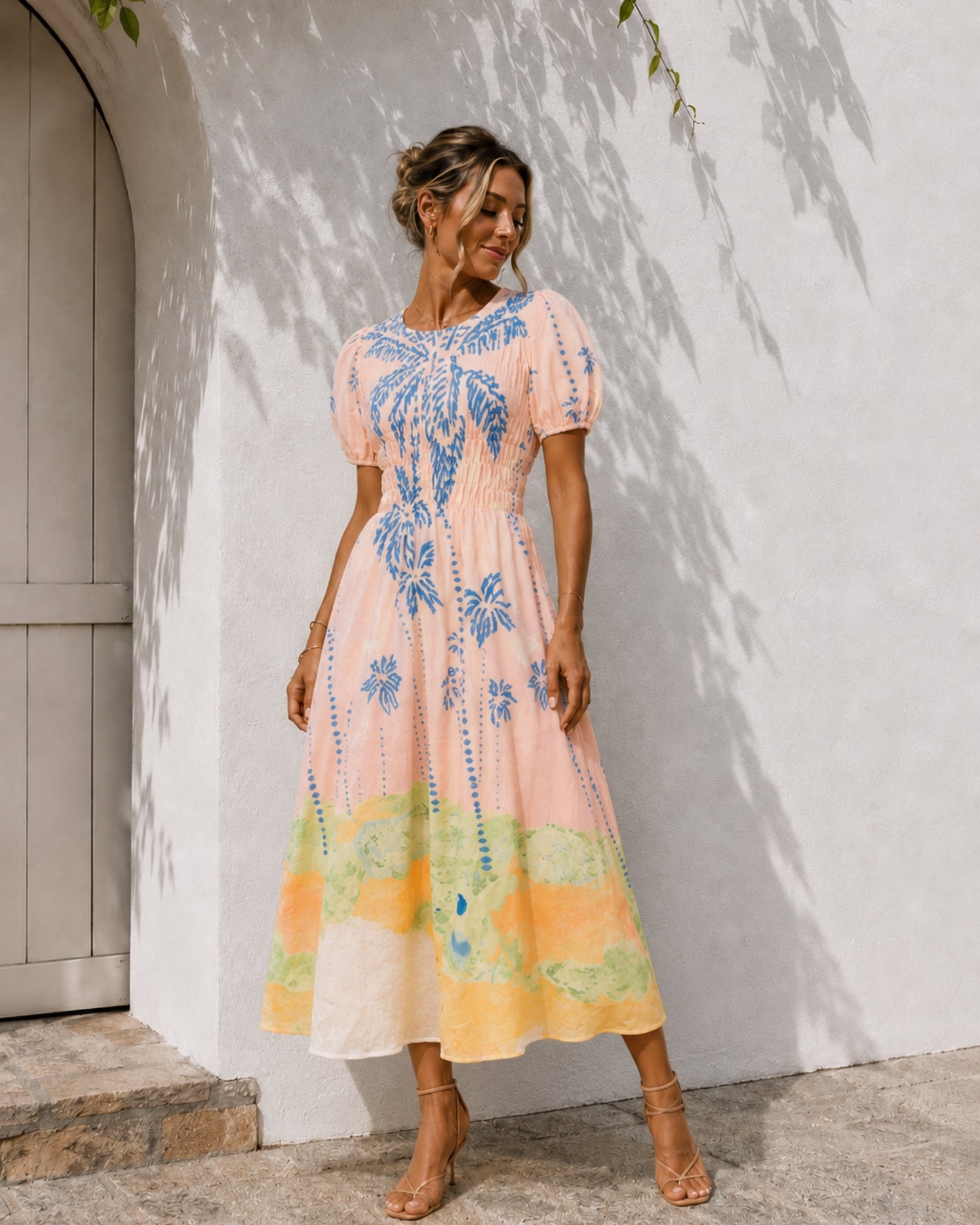 Women's pastel pink round neck embroidered midi dress, the Aseana Dress in Island Dream by Esther & Co