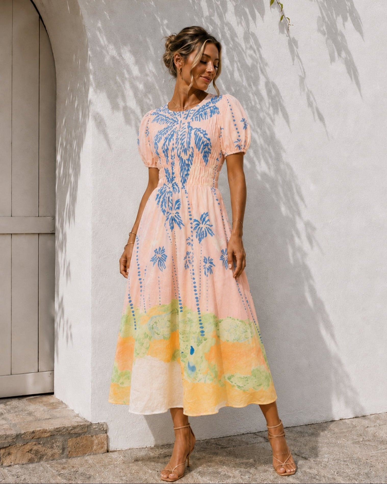 Women's pastel pink round neck embroidered midi dress, the Aseana Dress in Island Dream by Esther & Co