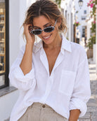 Black and white print frame sunglasses with black lenses, the Aspen Sunglasses in Print by Esther & Co