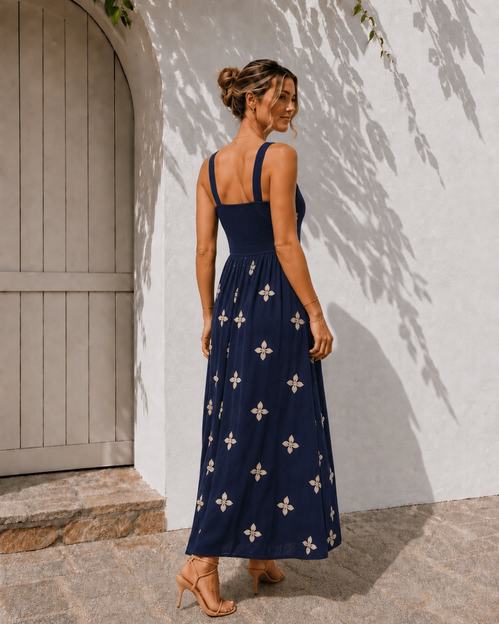 Women's navy floral print maxi dress, the Atasha Dress in Navy Print by Esther & Co