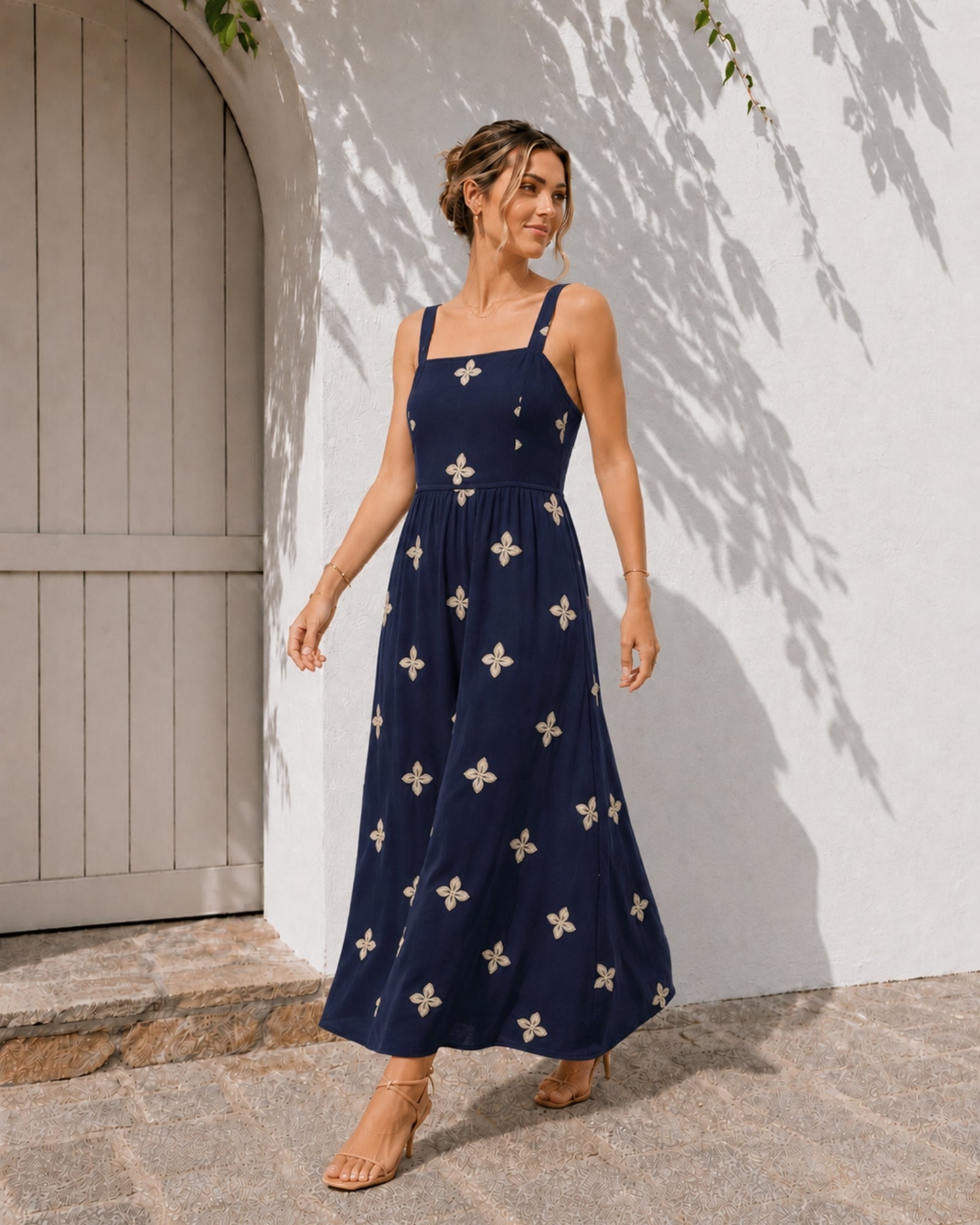Women's navy print maxi dress side view by Esther & Co