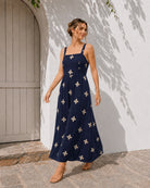 Women's navy print maxi dress side view by Esther & Co