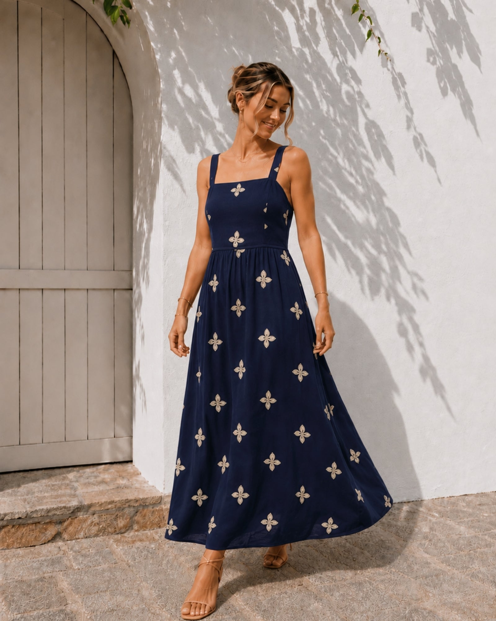 Women's navy floral maxi dress styled outfit by Esther & Co