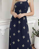 Women's navy floral maxi dress styled outfit by Esther & Co