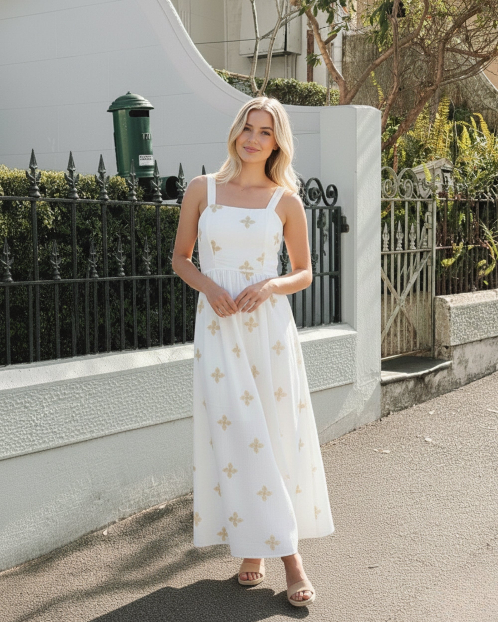 Women's white floral print maxi dress, the Atasha White Print Dress by Esther & Co