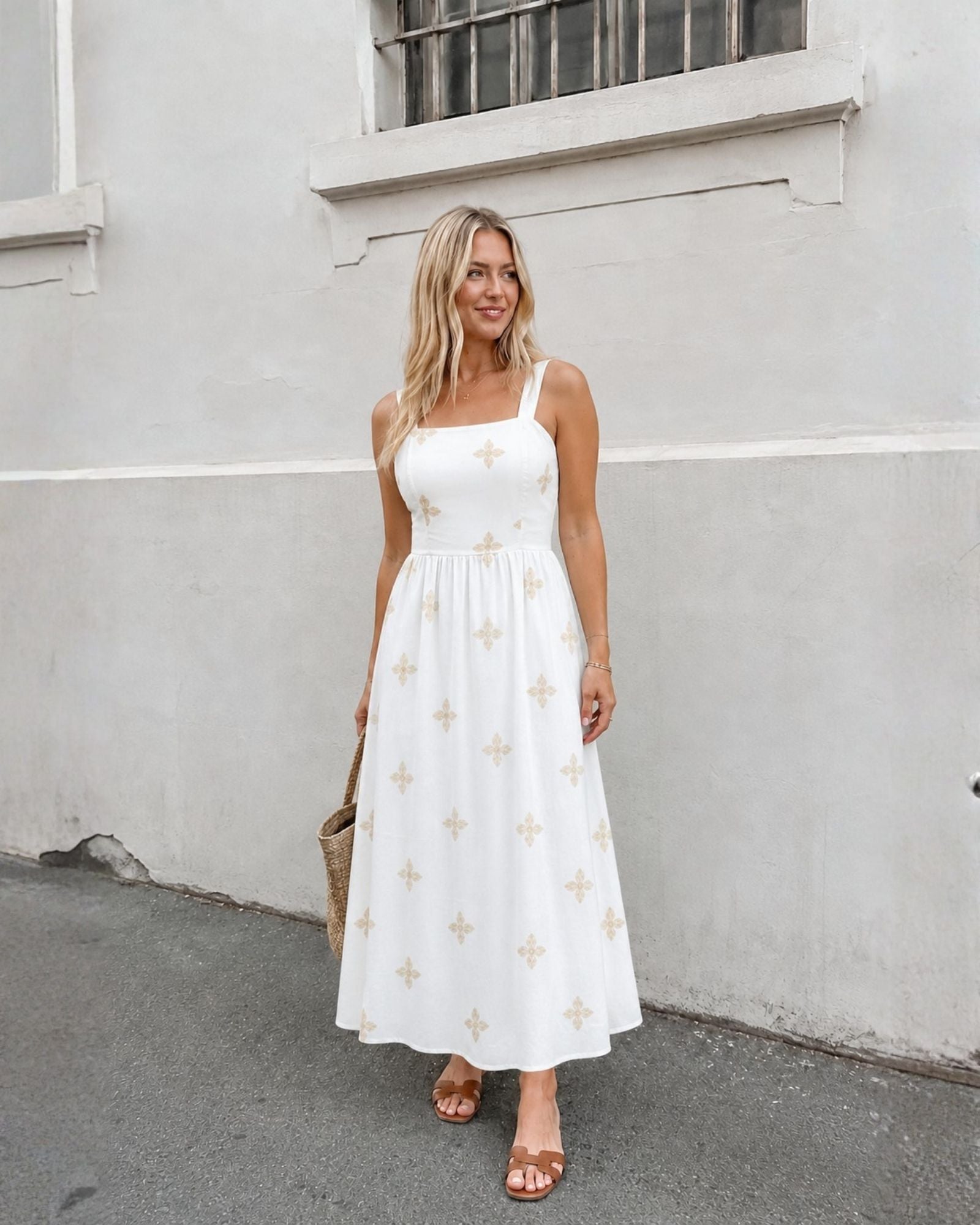 Women's white floral maxi dress front view by Esther & Co