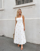 Women's white floral maxi dress front view by Esther & Co