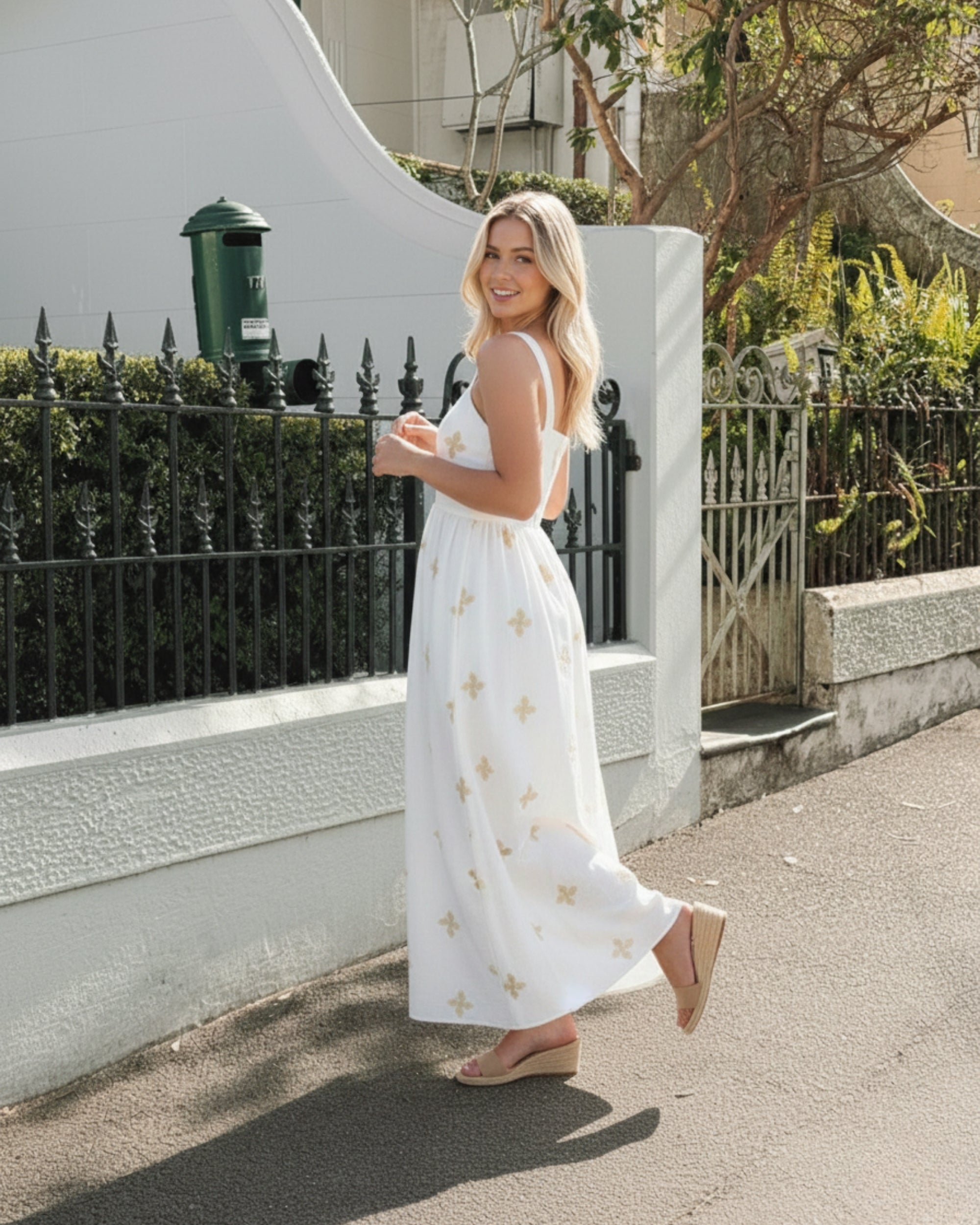 Women's white print maxi dress side view by Esther & Co