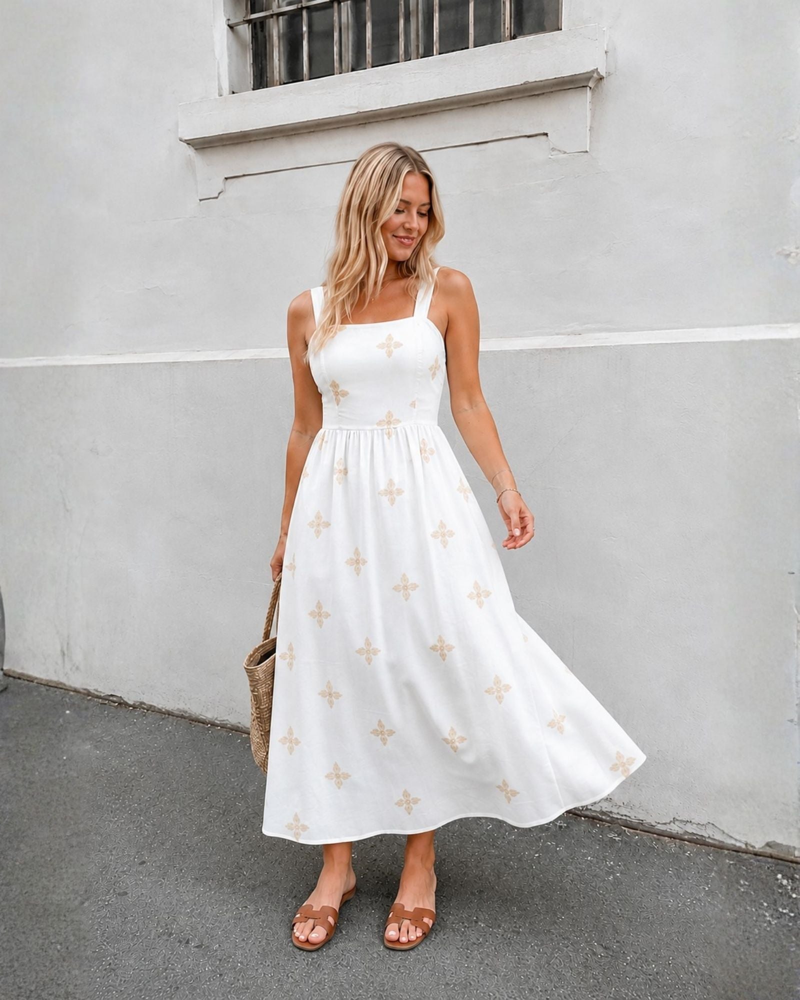 Women's white print maxi dress side view by Esther & Co