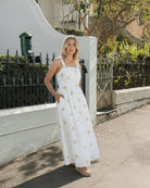 Women's white floral maxi dress styled outfit by Esther & Co