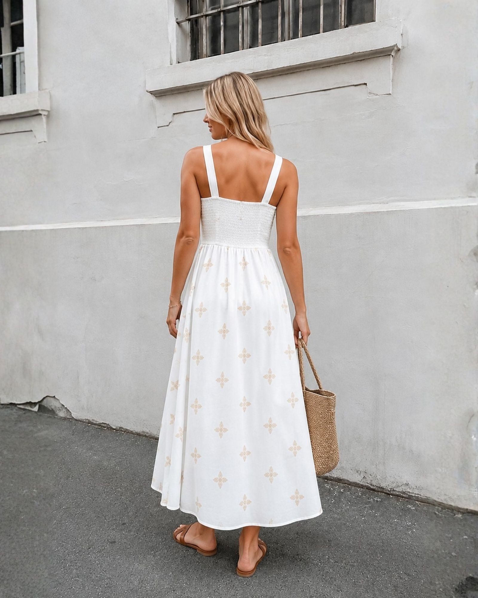 Women's white floral maxi dress styled outfit by Esther & Co