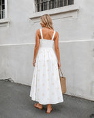 Women's white floral maxi dress styled outfit by Esther & Co