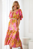 Axelle Dress in Sunset Print womens printed midi dress styled outfit