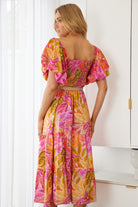 Axelle Dress in Sunset Print sunset toned womens printed midi dress