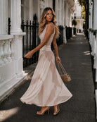 Women's beige floral maxi dress side view, the Balayage Dress in Beige Floral by Esther & Co