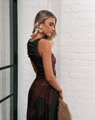 Women's printed midi dress with ruched bodice in black and chocolate by Esther & Co