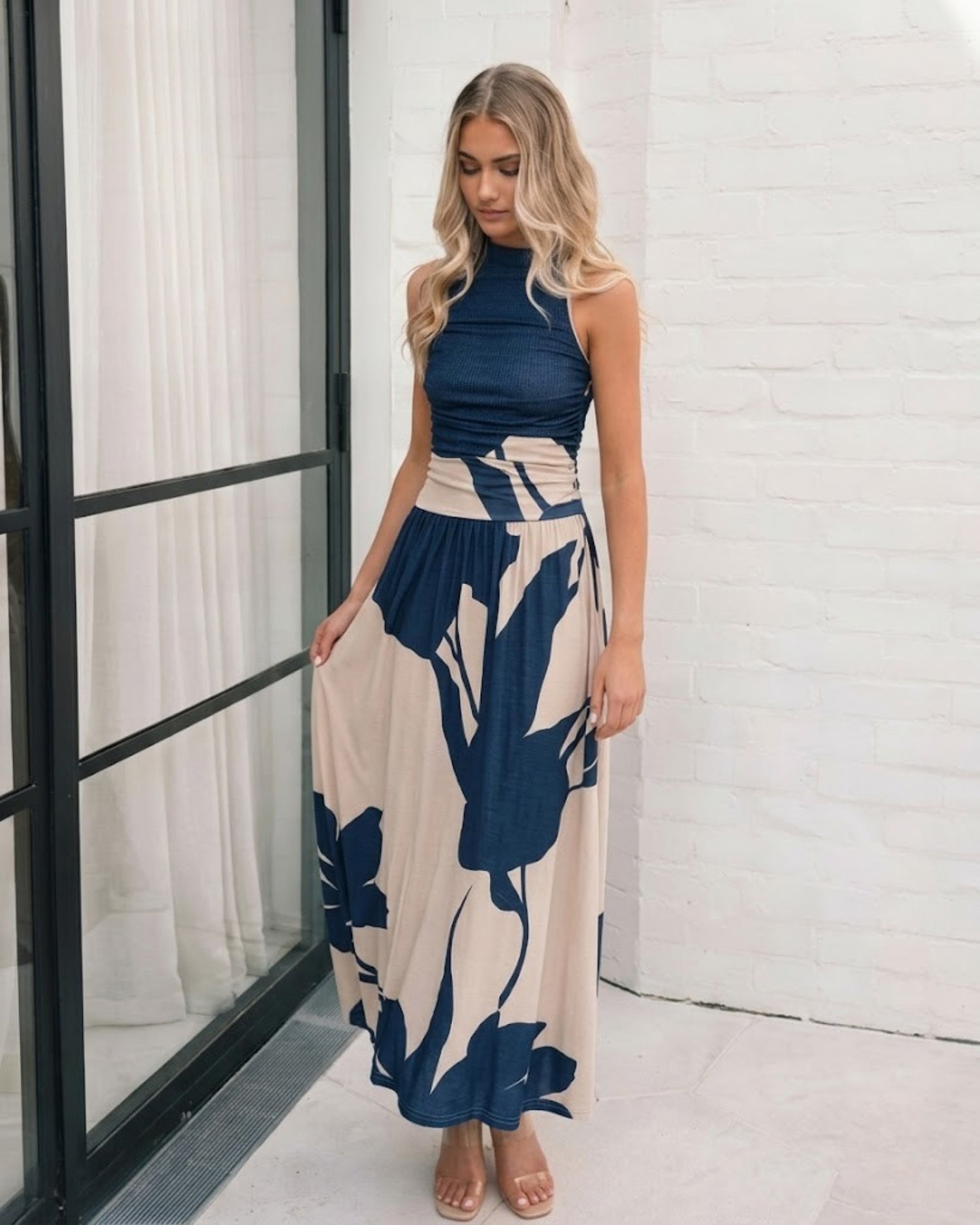 Balayage Dress in Navy Floral navy and cream floral maxi dress side view