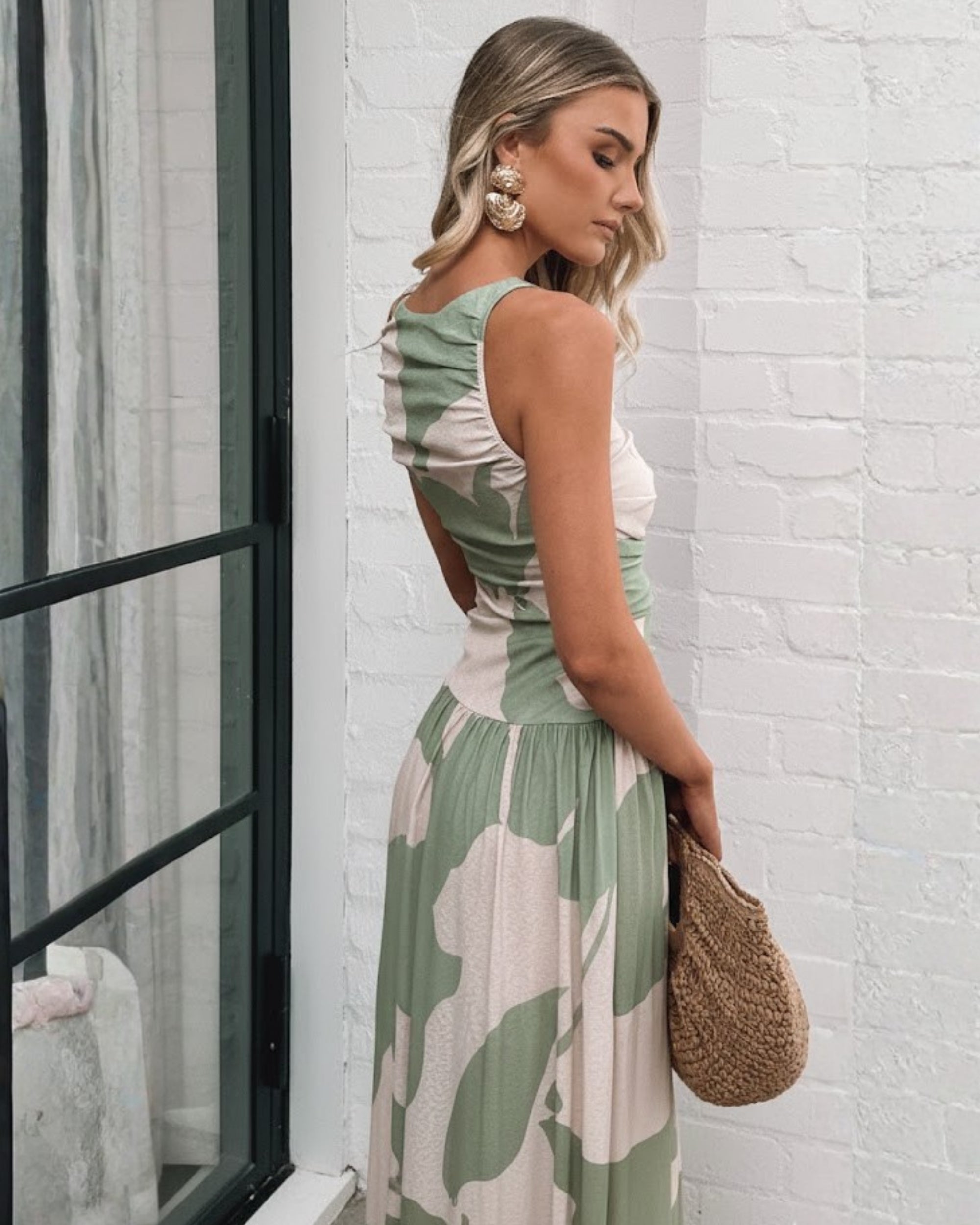 Balayage Dress in Sage Floral sage floral print boat neckline maxi dress full length