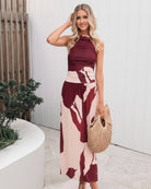 Balayage Dress in Wine Floral womens wine floral boat neckline ruched bodice detail
