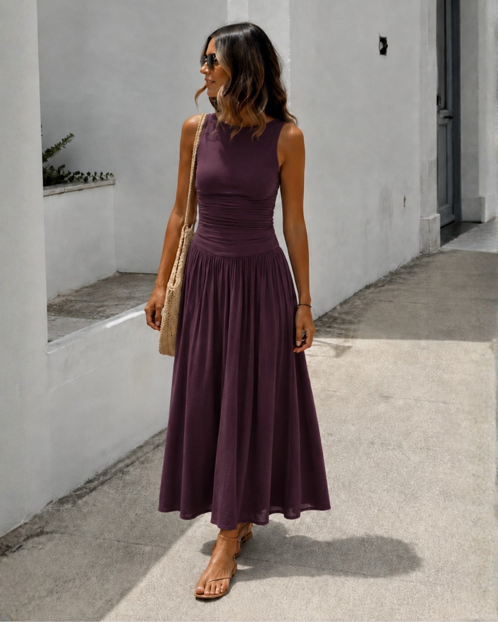 Women's wine sleeveless maxi dress with boat neckline, the Balayage Dress in Wine by Esther & Co