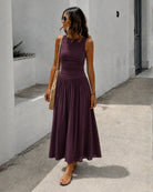 Women's wine sleeveless maxi dress with boat neckline, the Balayage Dress in Wine by Esther & Co