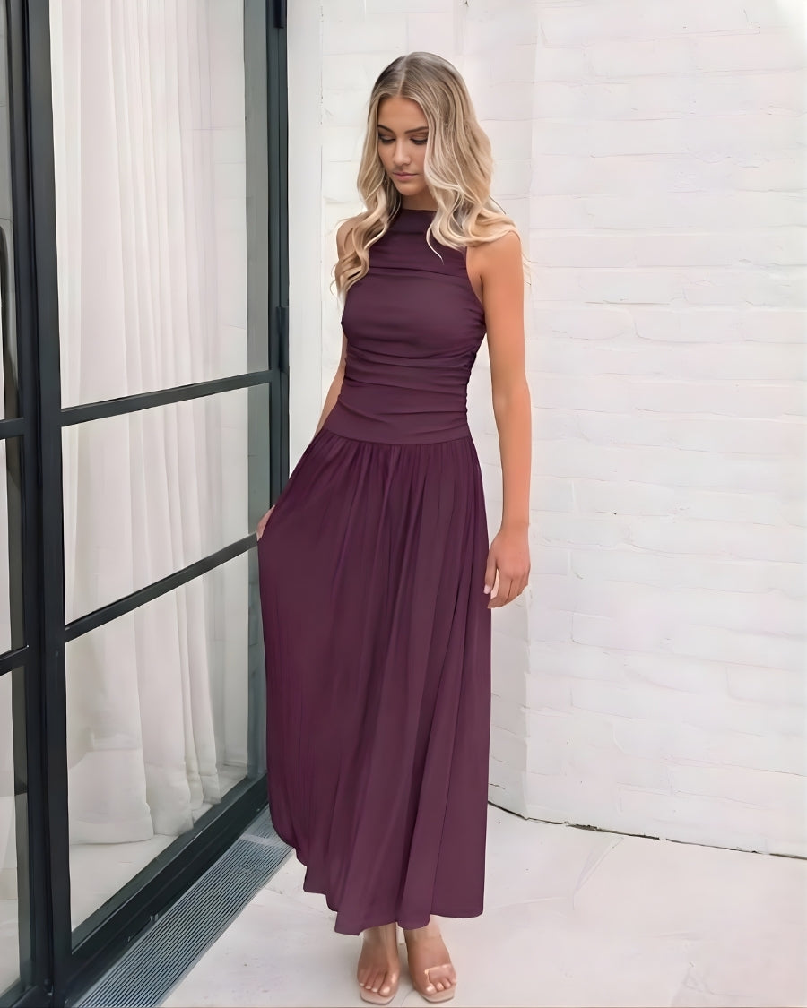 Balayage Dress in Wine womens wine halter maxi dress styled outfit