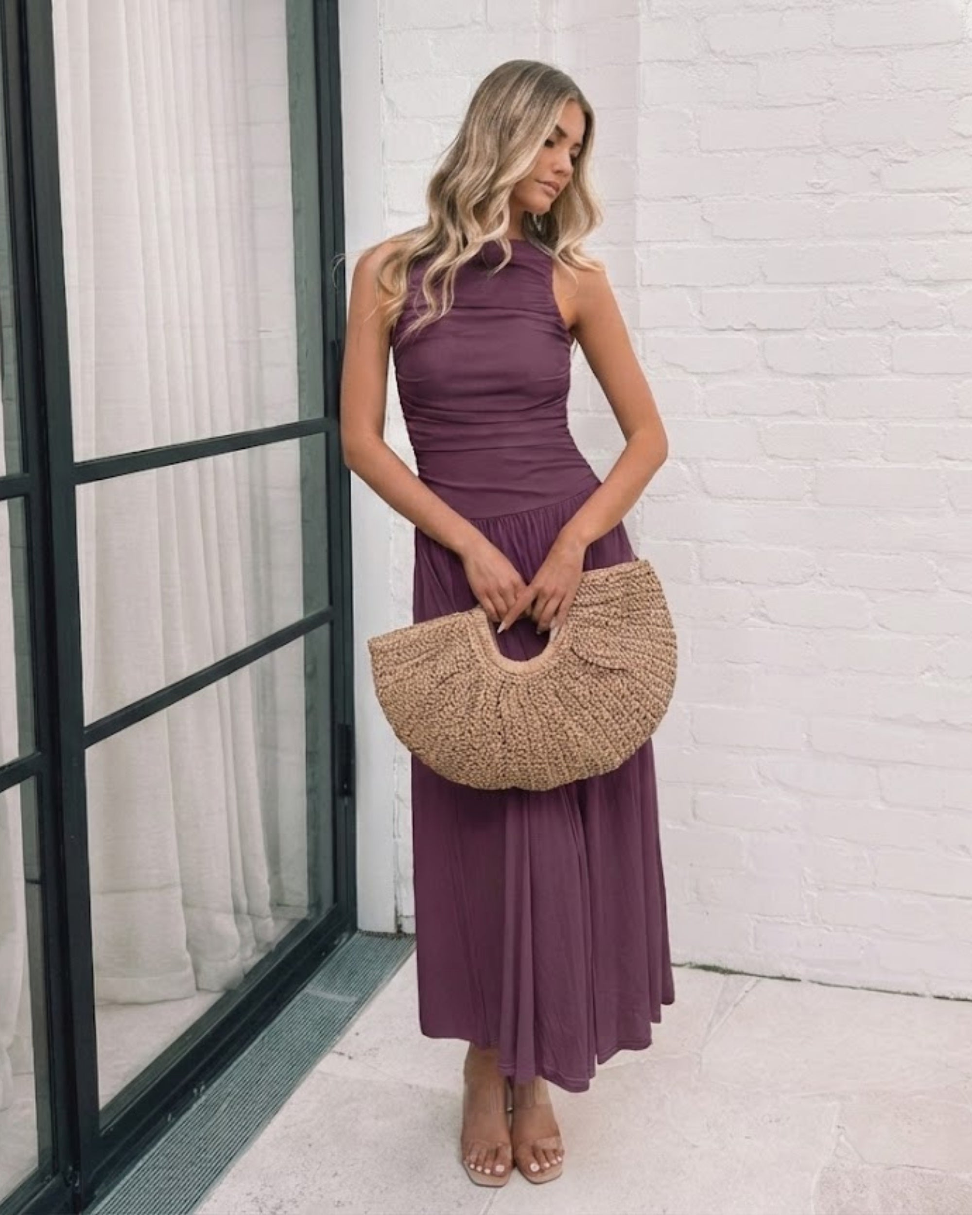 Balayage Dress in Wine wine maxi dress with high halter neckline side view