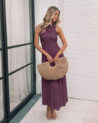 Balayage Dress in Wine wine maxi dress with high halter neckline side view