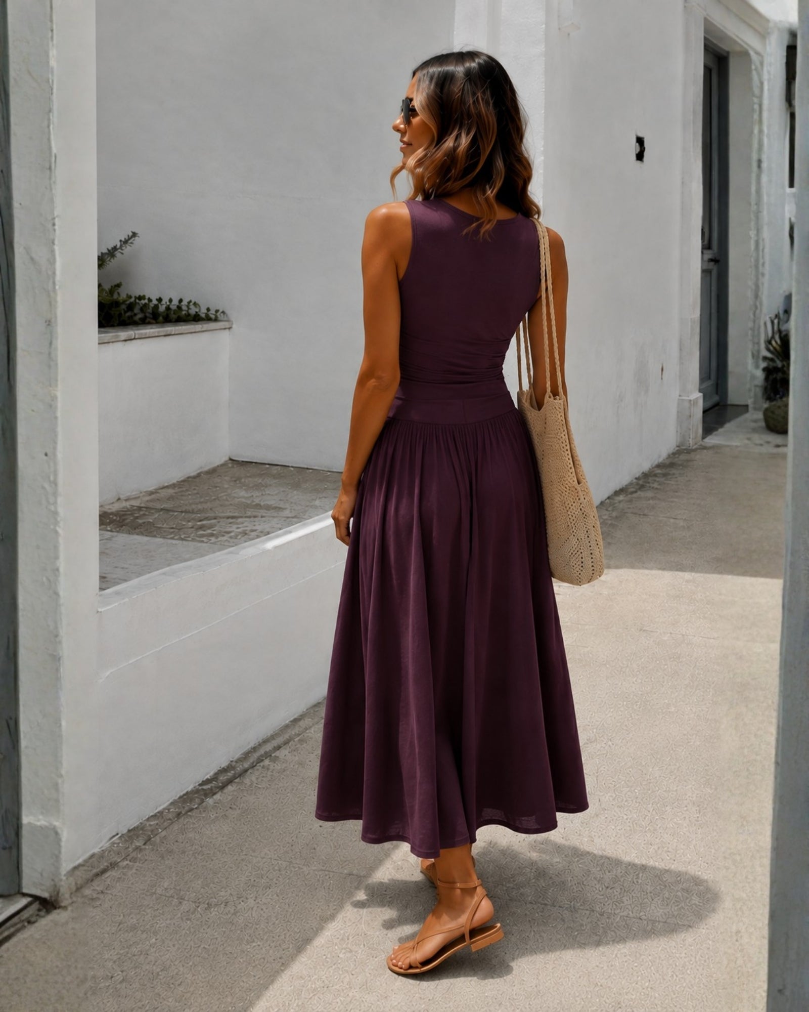 Women's wine boat neck maxi dress front view, the Balayage Dress in Wine by Esther & Co