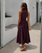 Women's wine boat neck maxi dress front view, the Balayage Dress in Wine by Esther & Co