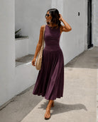 Women's wine sleeveless maxi dress side view, the Balayage Dress in Wine by Esther & Co