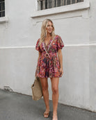 Women's autumn paisley playsuit side view by Esther & Co