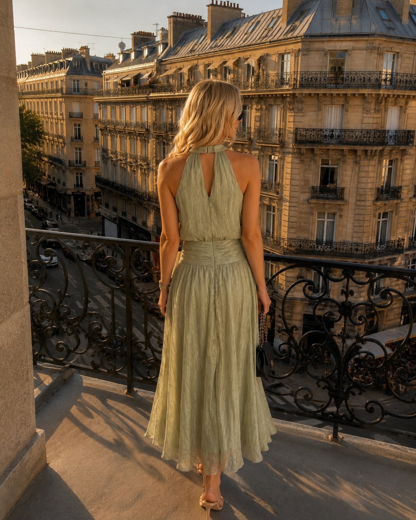 Women's sage green halter neck midi dress with keyhole detail, the Blaise Dress in Willow Mist by Esther & Co