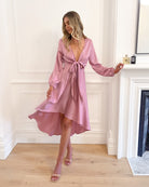 Front view of the Bryleigh Blush Satin Formal Dress showing the long sleeves and elegant neckline