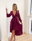 Bryleigh bordeaux satin formal dress, side view