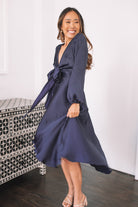 Bryleigh navy satin maxi dress, side view