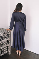 Bryleigh navy formal satin maxi dress, styled view