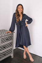 Bryleigh navy formal satin dress, detail view