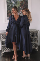 Bryleigh navy satin maxi dress with bishop sleeves, alternate view