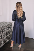Bryleigh Dress in Navy womens navy satin formal dress styled look