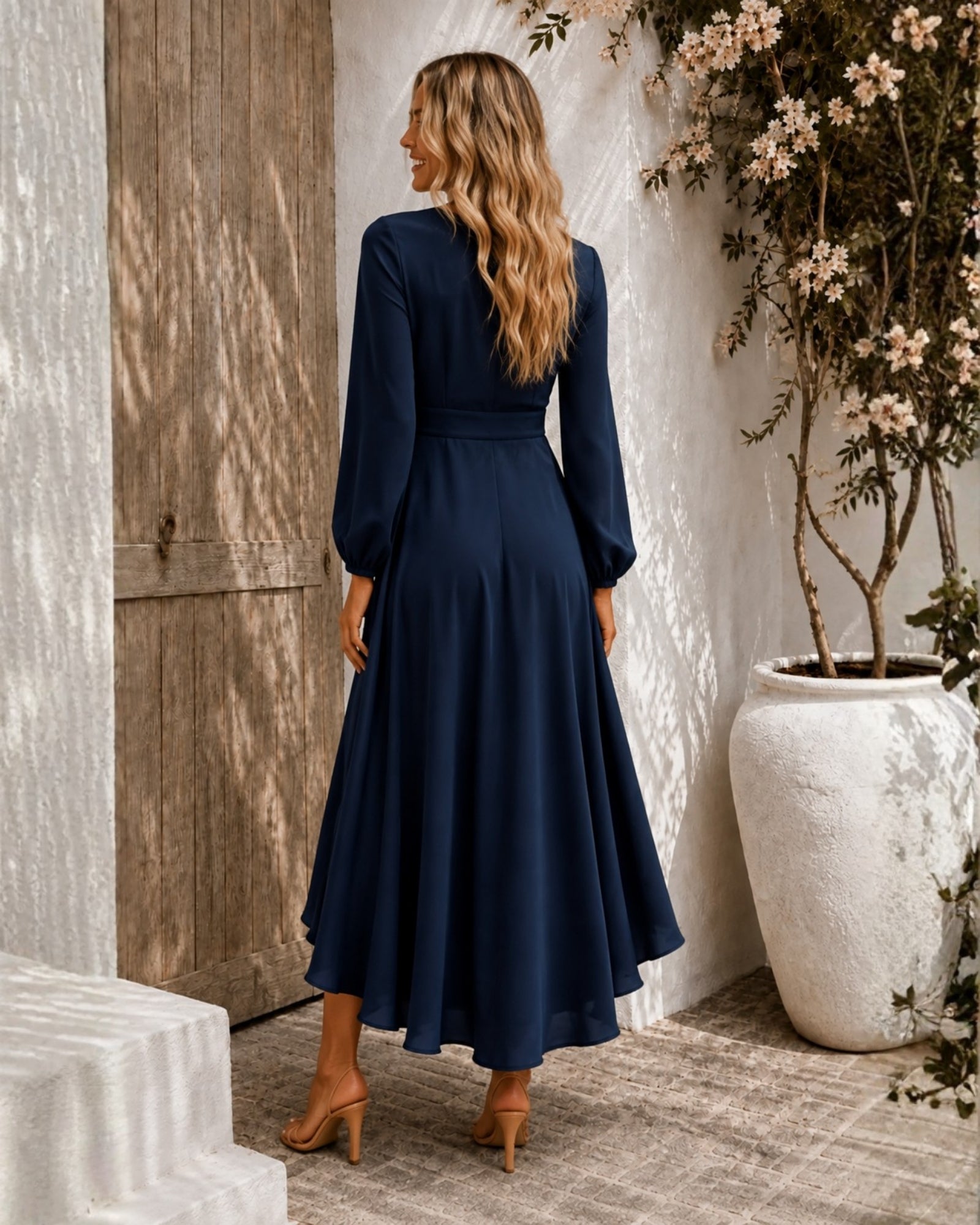 Women's navy formal satin maxi dress, the Bryleigh Dress in Navy by Esther & Co