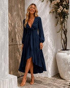 Women's navy formal satin maxi dress, the Bryleigh Dress in Navy by Esther & Co